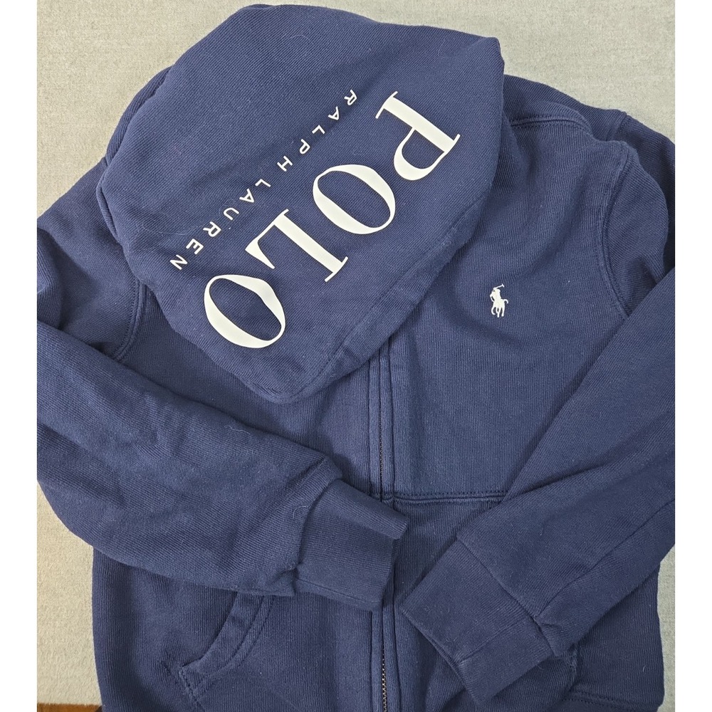 Polo Ralph Lauren Hoodie Boys 6 Full Zip Navy Blue Big Spellout Hood Logo Preppy